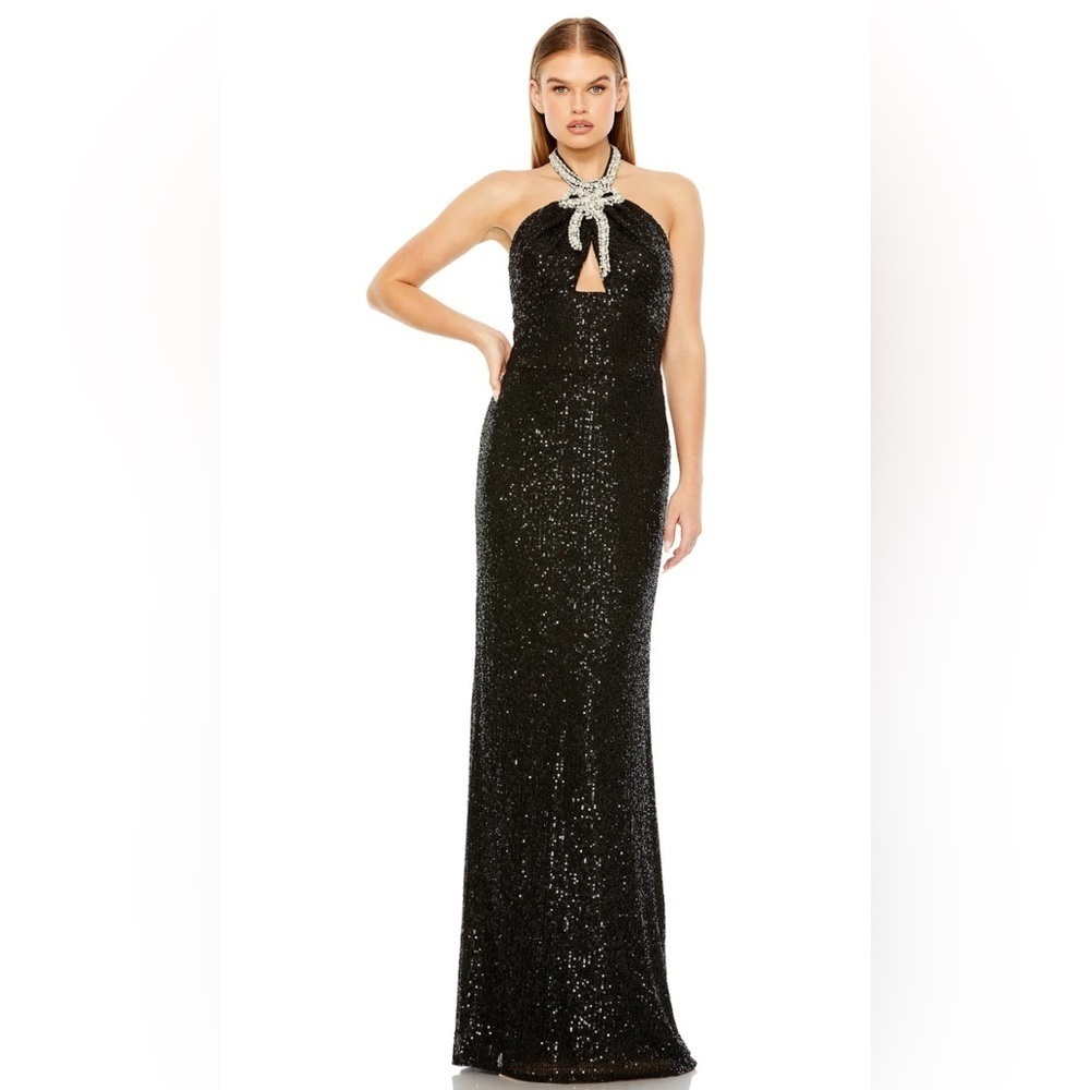 Sequin Halter Evening Gown with Crystal Neck Detail - Black